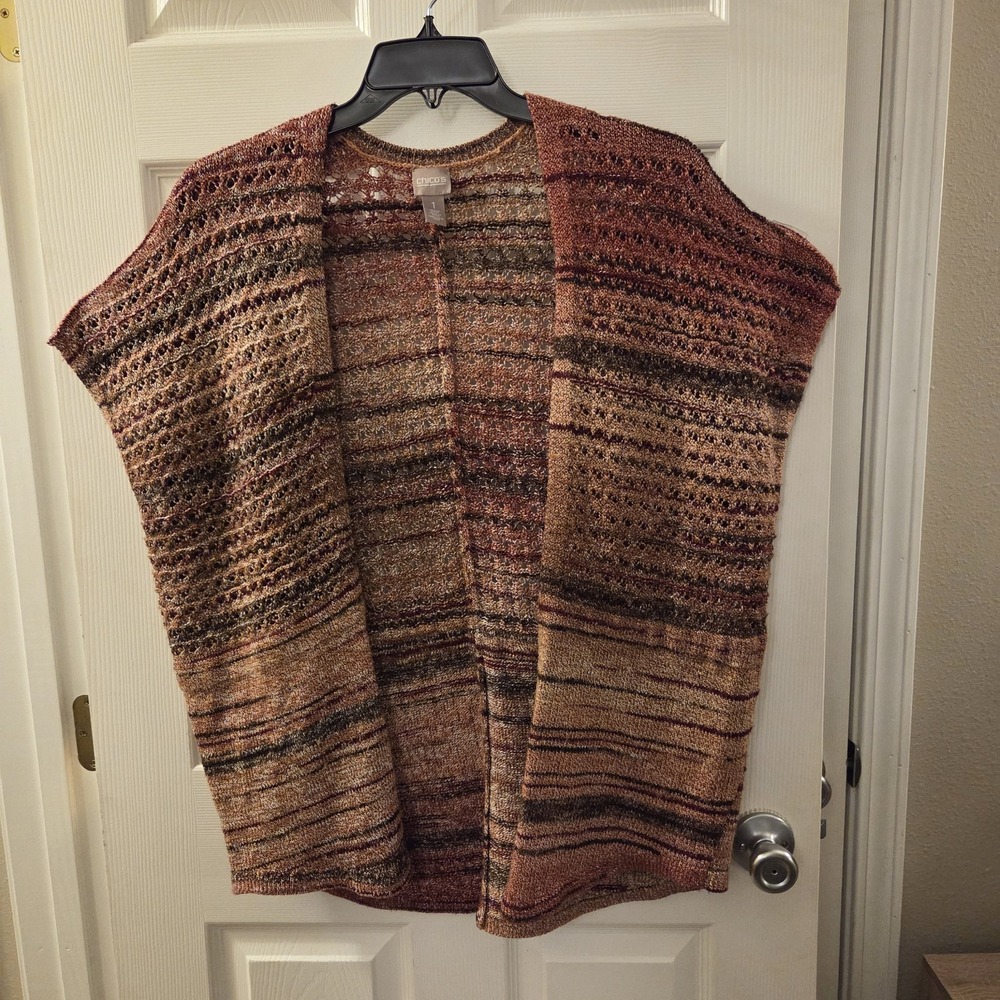 Chico's sz 1 colorful open knit open front short slv cardigan topper layer‎